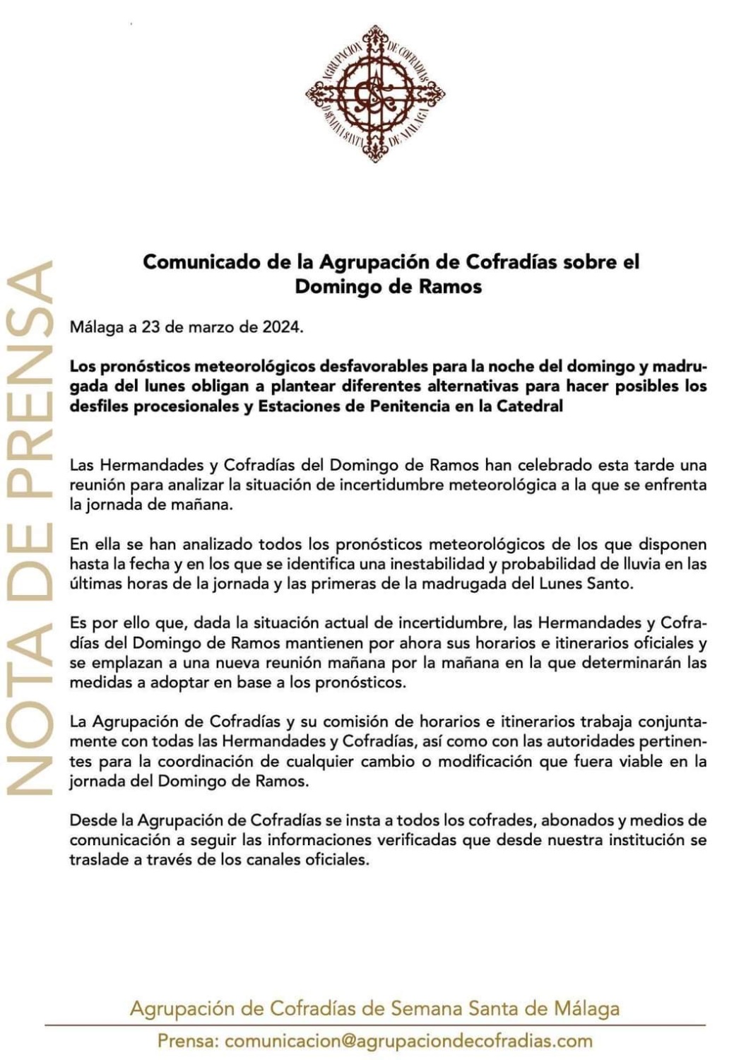 Comunicado de la Agrupación de Cofradías sobre el
Domingo de Ramos