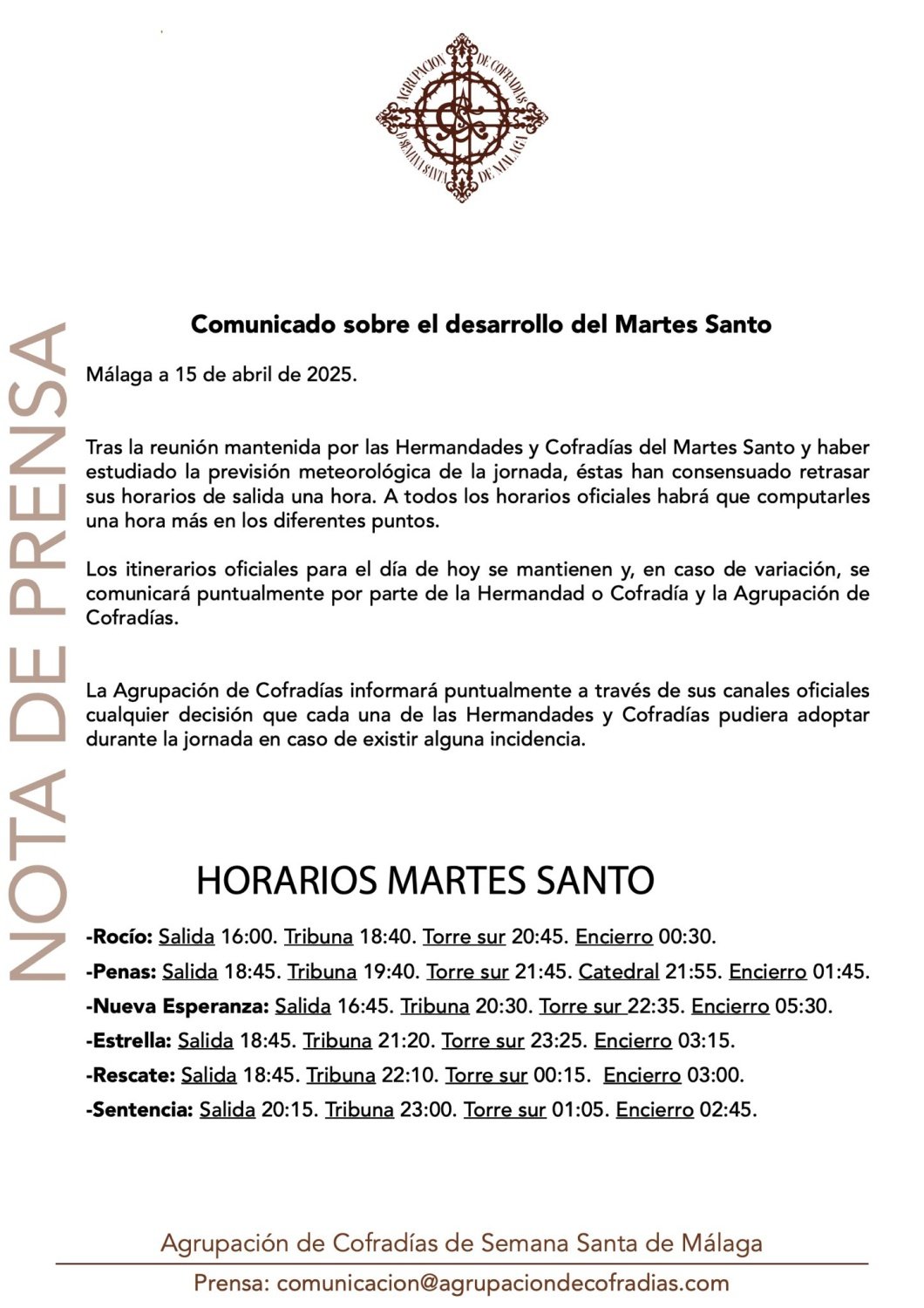Comunicado sobre el desarrollo del Martes Santo.