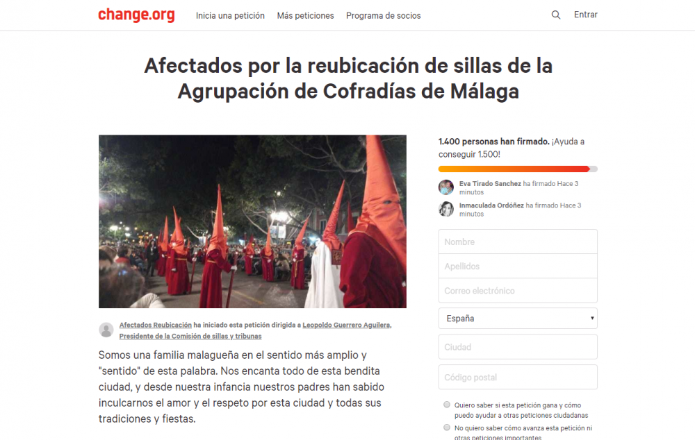 Alcanzan las 1.400 firmas en contra de la reubicación de sillas de la Agrupación de Cofradías