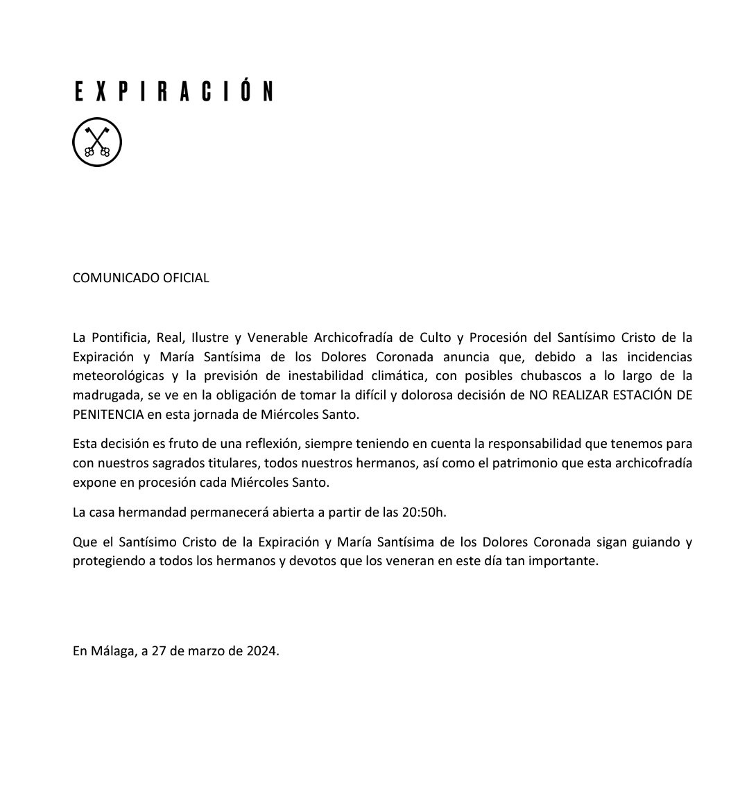 Comunicado de la Archicofradía de la Expiración