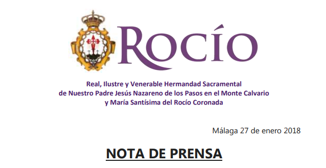 Comunicado de la Hermandad del Rocío: El Nazareno de los Pasos se encuentra en Málaga