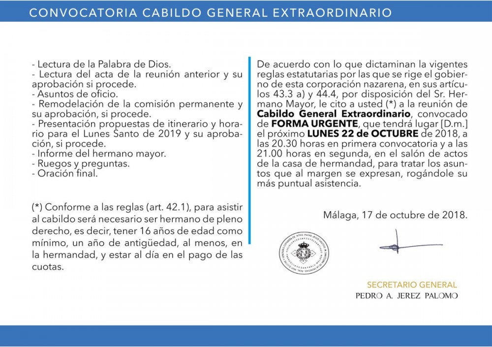 La Cofradía del Cautivo convoca Cabildo Extraordinario de urgencia para tratar el itinerario y horario del Lunes Santo 2019